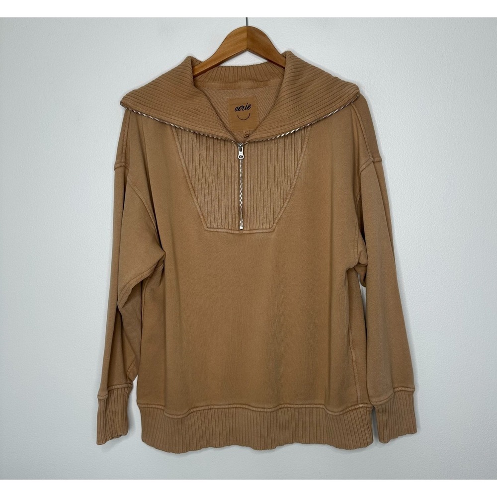 Aerie Half Zip Sweatshirt Tan Relaxed fit Small